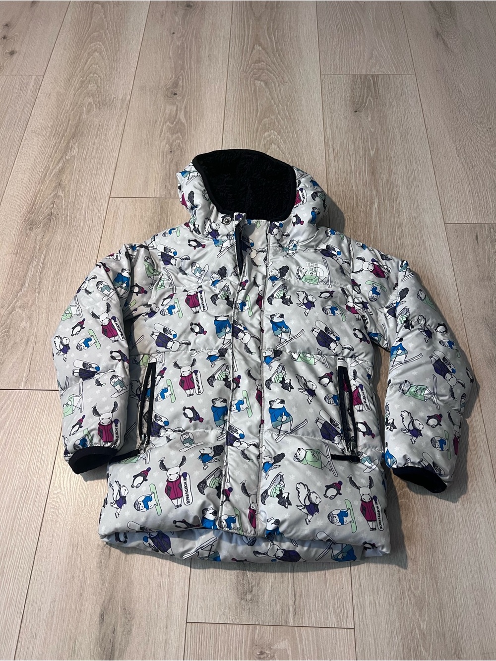 The North Face Kids' Puffer Jacket in Light Gray with Multicolor Ski Print